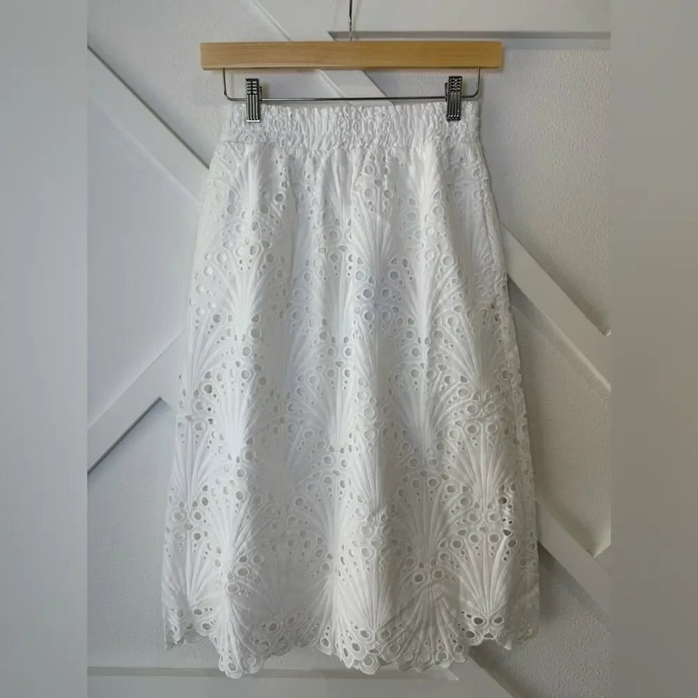 NWT Andie Swim The Mona Eyelet Scalloped Pull On Midi Skirt Coconut White Sz XS